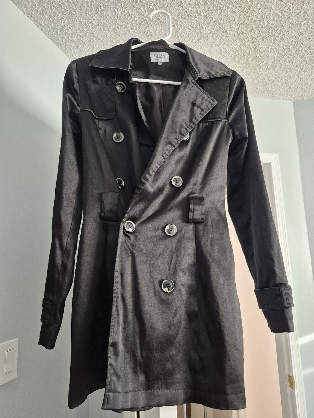 Suzy Shier Black Double-Breasted Trench Coat